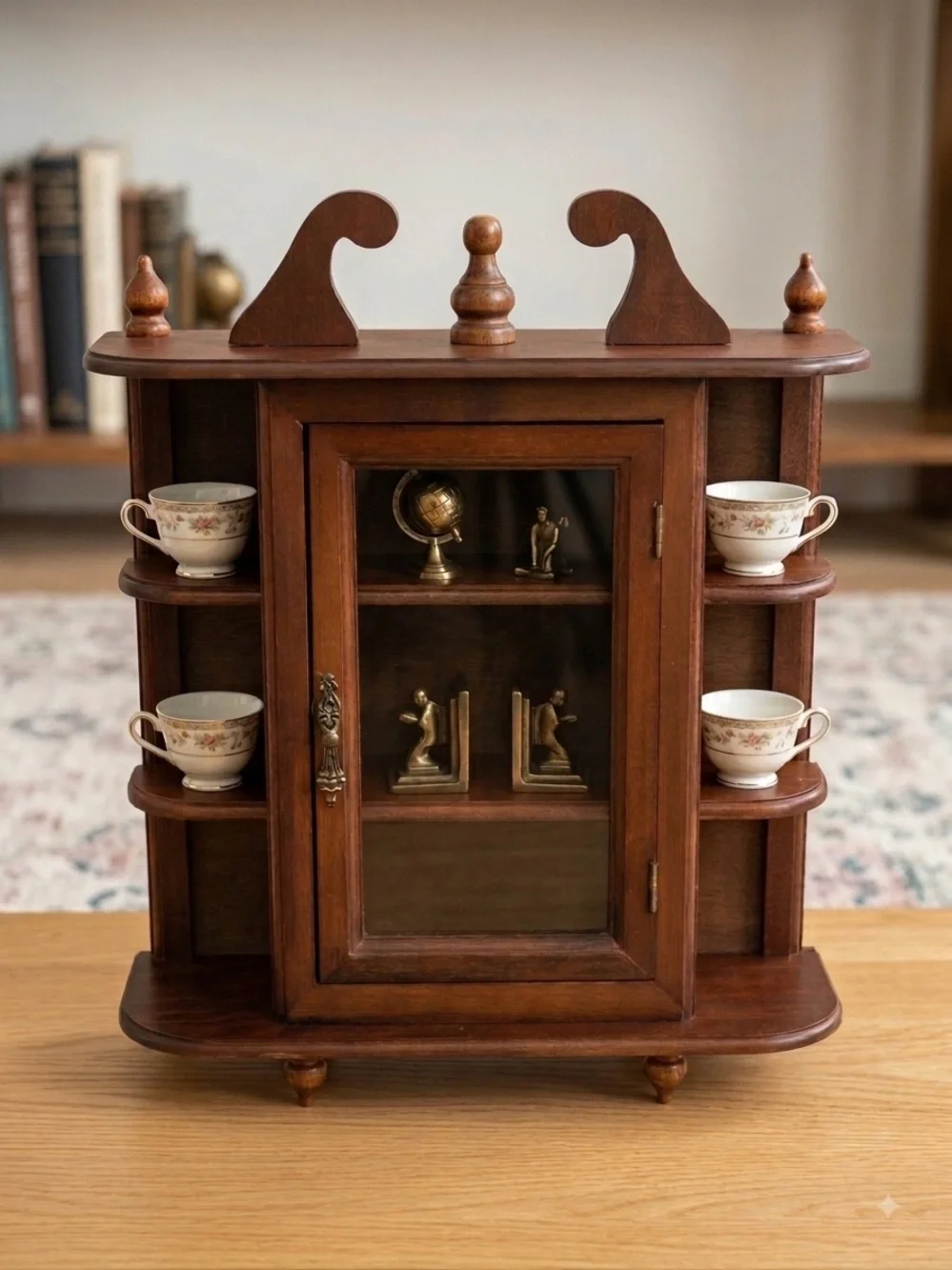 Vintage Wood Curio Display Cabinet Glass Door, Open Shelves & Decorative Detail